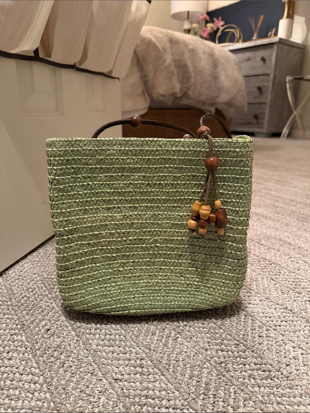 Y2K croft & barrow Light Green Woven Mini Bag with Wooden Bead Detail